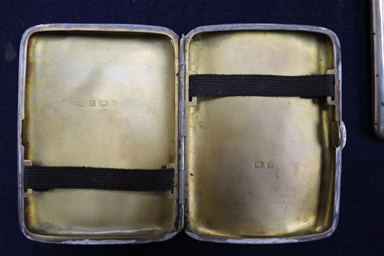 Two silver cigarette cases and a Chinese white metal cigarette case decorated with dragons and prunus, gross weight 8.8 oz.